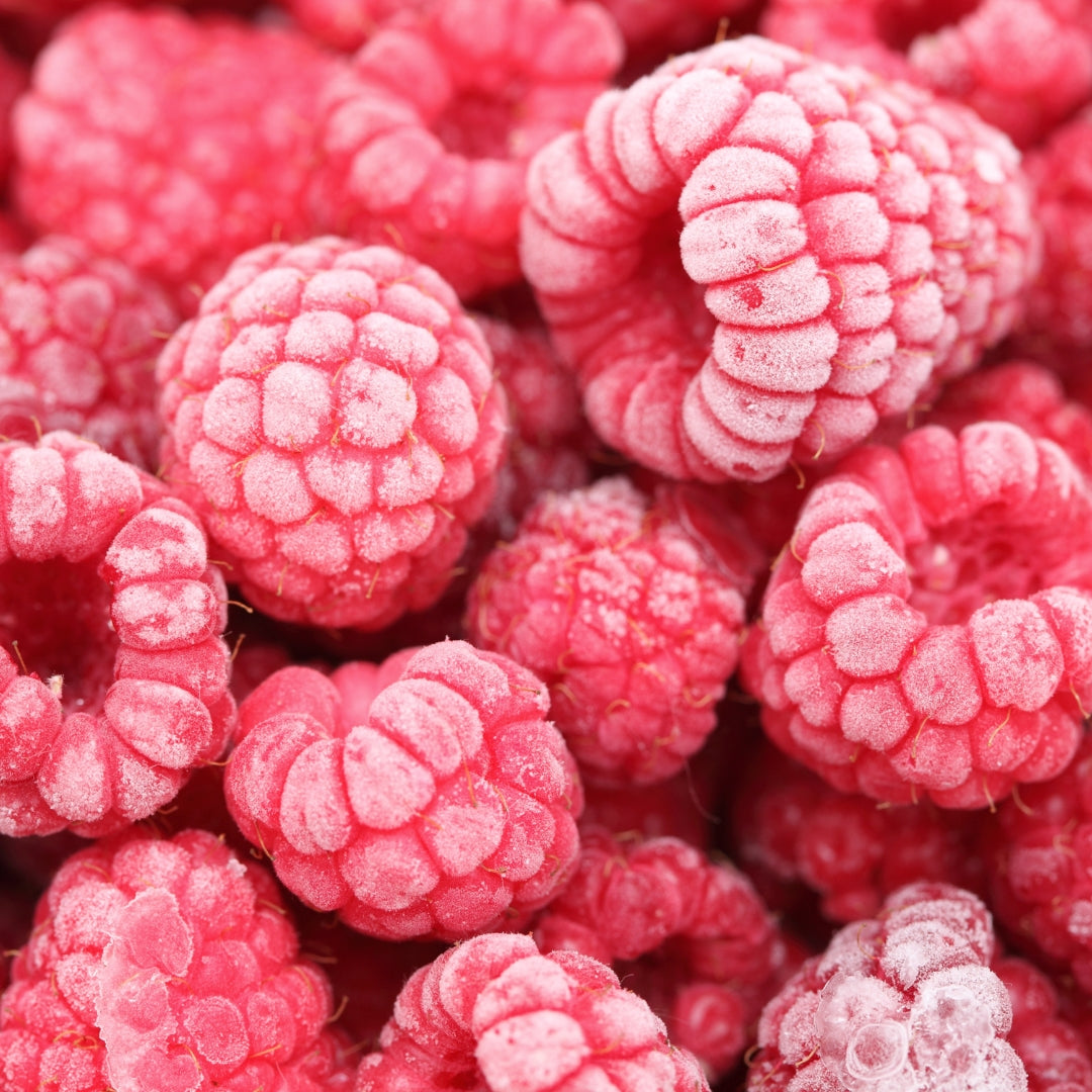 Frozen red raspberry closeup